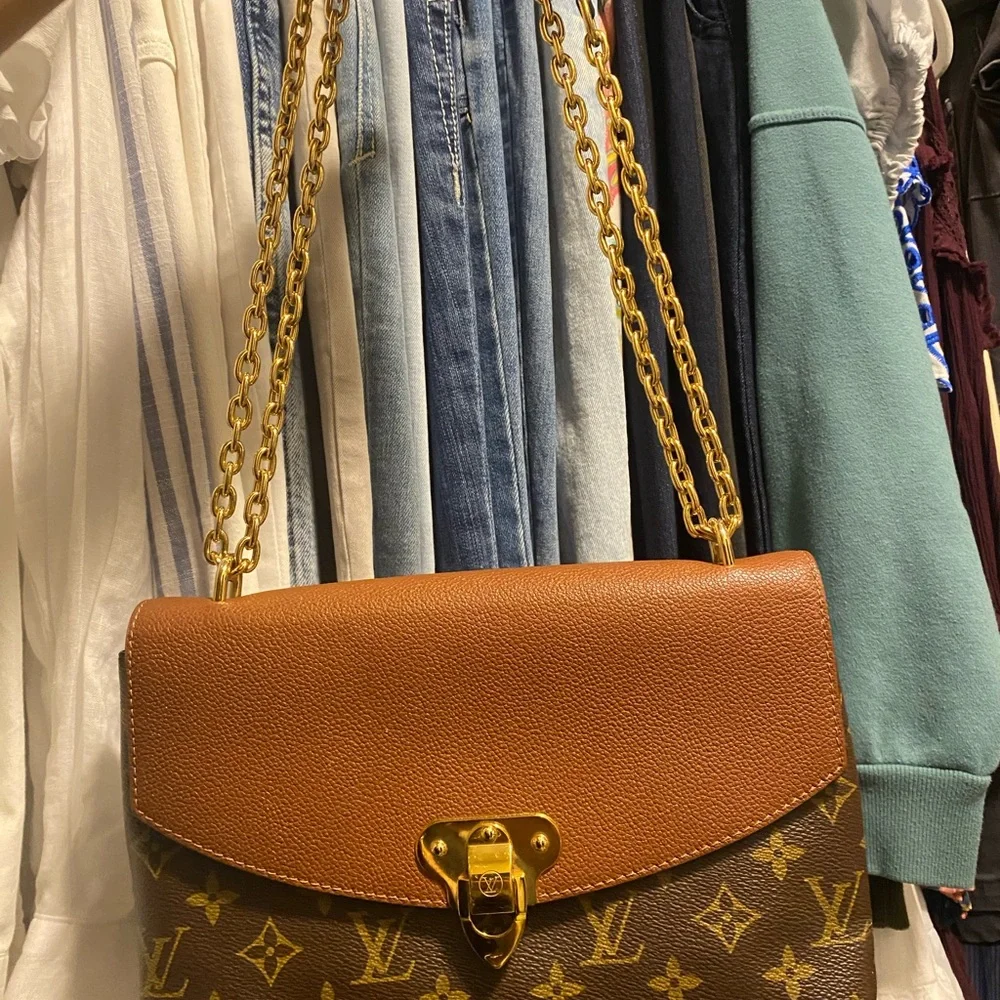 Louis Vuitton Brown Monogram Shoulder Bag with Tan Flap and Gold Chain